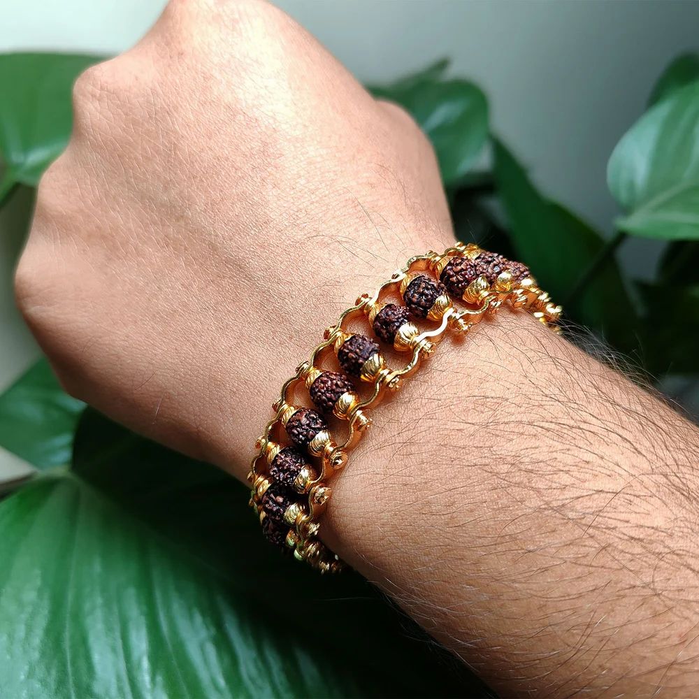 Gold Plated Rudraksha Chain Bracelet Brass For Men