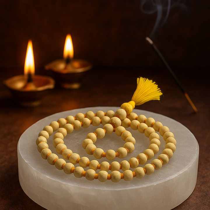 Yellow Tulsi Knotted Beads Mala For Unisex