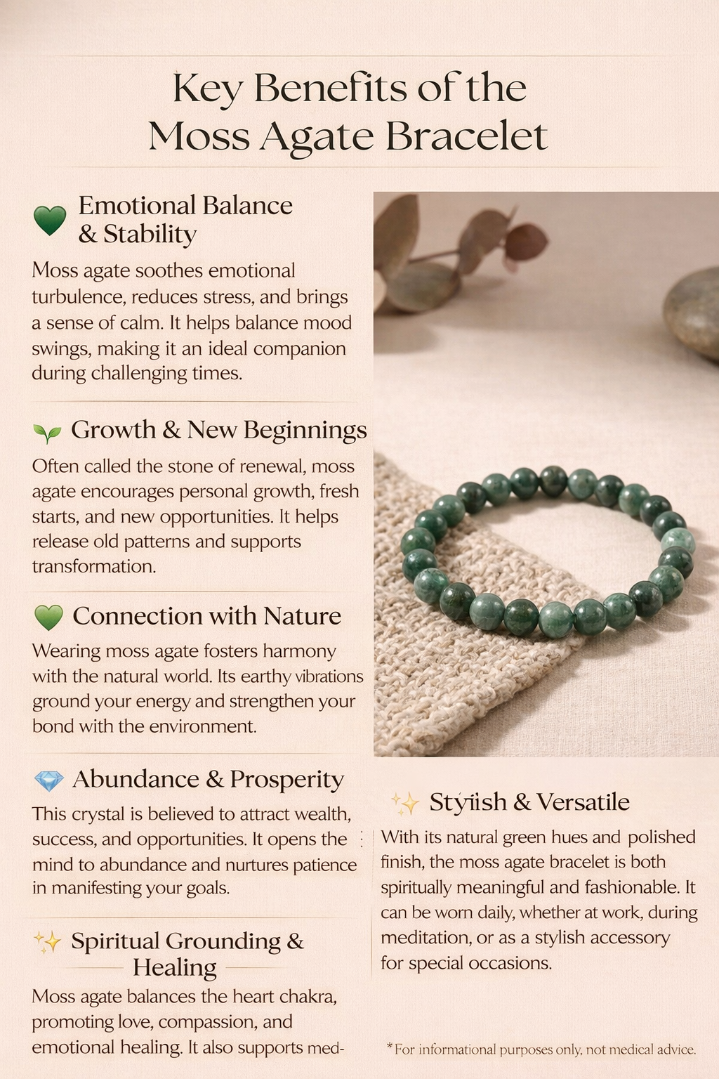 Moss Agate Healing Crystal Bracelet For Unisex