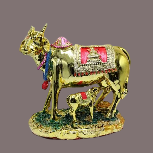 Golden Kamdhenu Cow Calf Statue For Home And Office